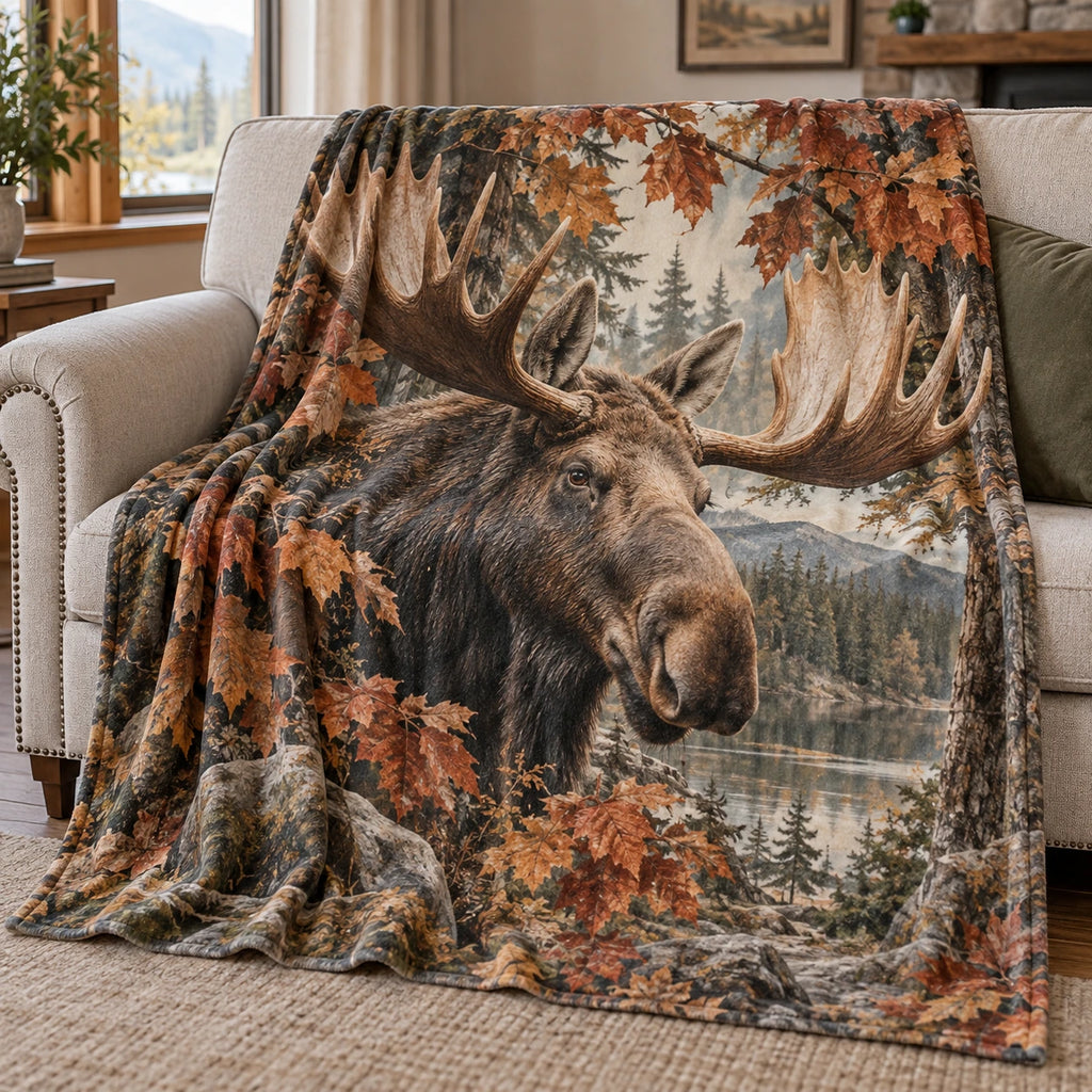 Moose Autumn Canopy Fleece Blanket with printed dimensional artwork
