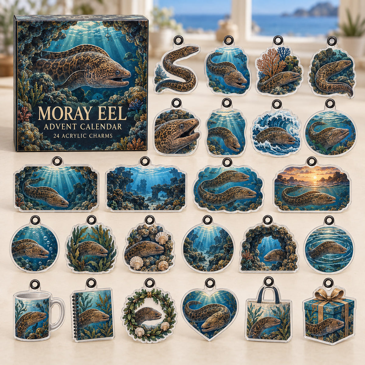 Moray Eel advent calendar box with 24 themed flat printed acrylic charms