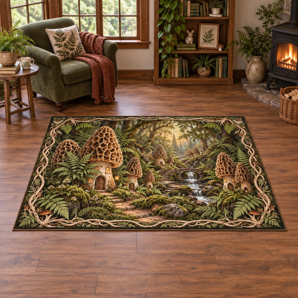 Revised complete rectangular rug with visible corners, fern-root border and a morel village with stone bridge and stream.