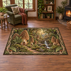 Revised complete rectangular rug with visible corners, fern-root border and a morel village with stone bridge and stream.