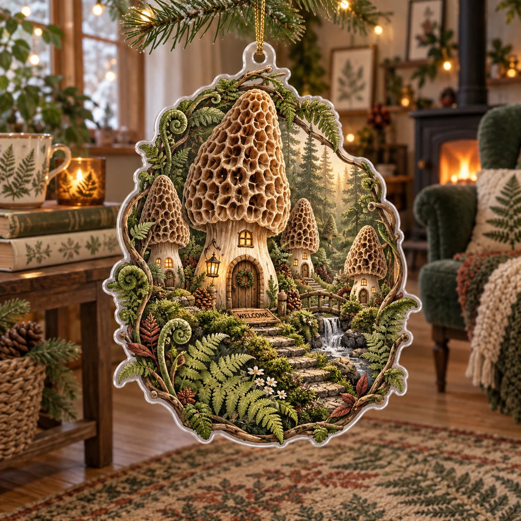 Complete acrylic ornament with supported gold cord, clear rim and fern-root edge around morel mushroom homes.
