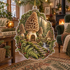 Complete acrylic ornament with supported gold cord, clear rim and fern-root edge around morel mushroom homes.