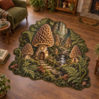 Complete custom fern-edged silhouette with morel houses, mossy path and stream in a woodland setting.
