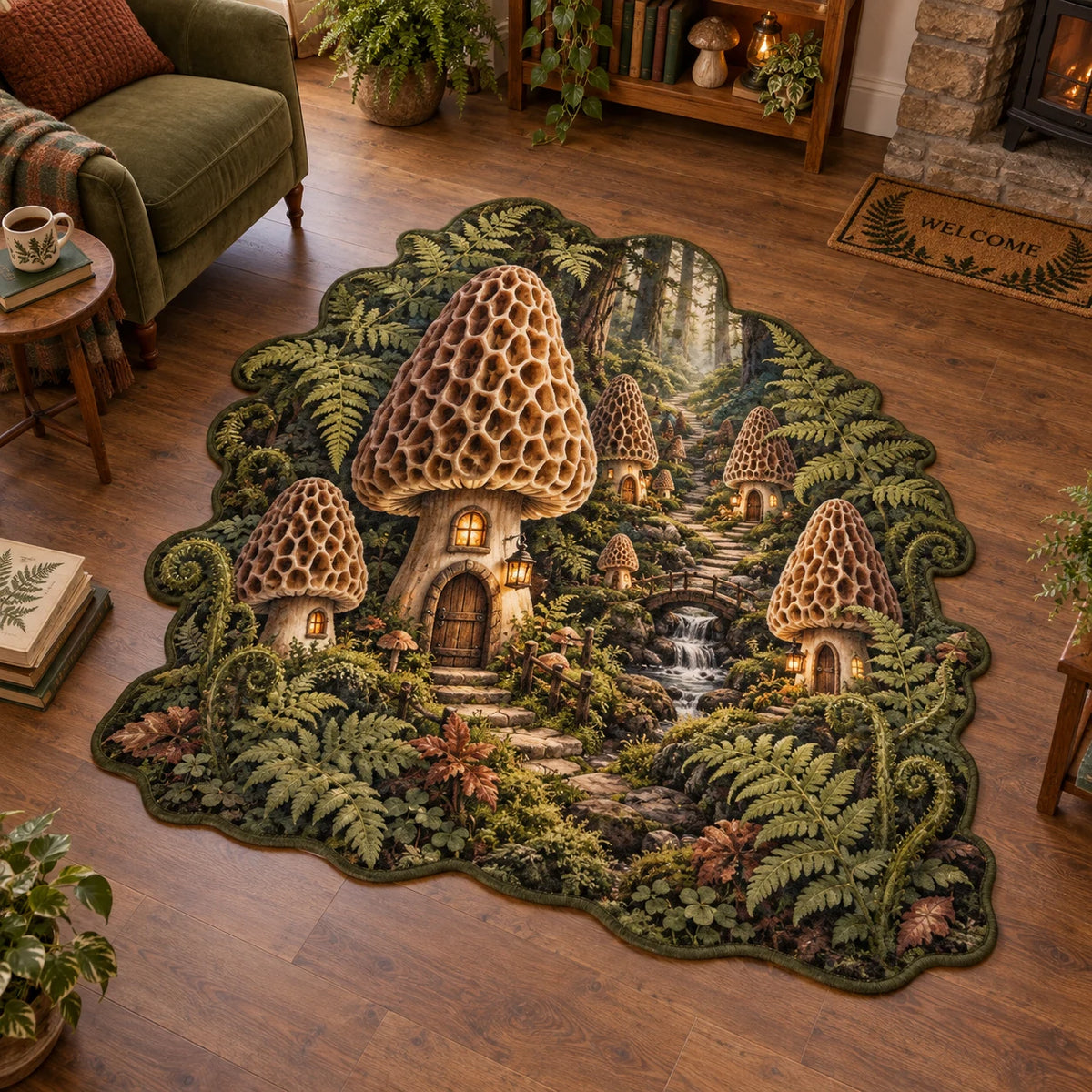 Complete custom fern-edged silhouette with morel houses, mossy path and stream in a woodland setting.