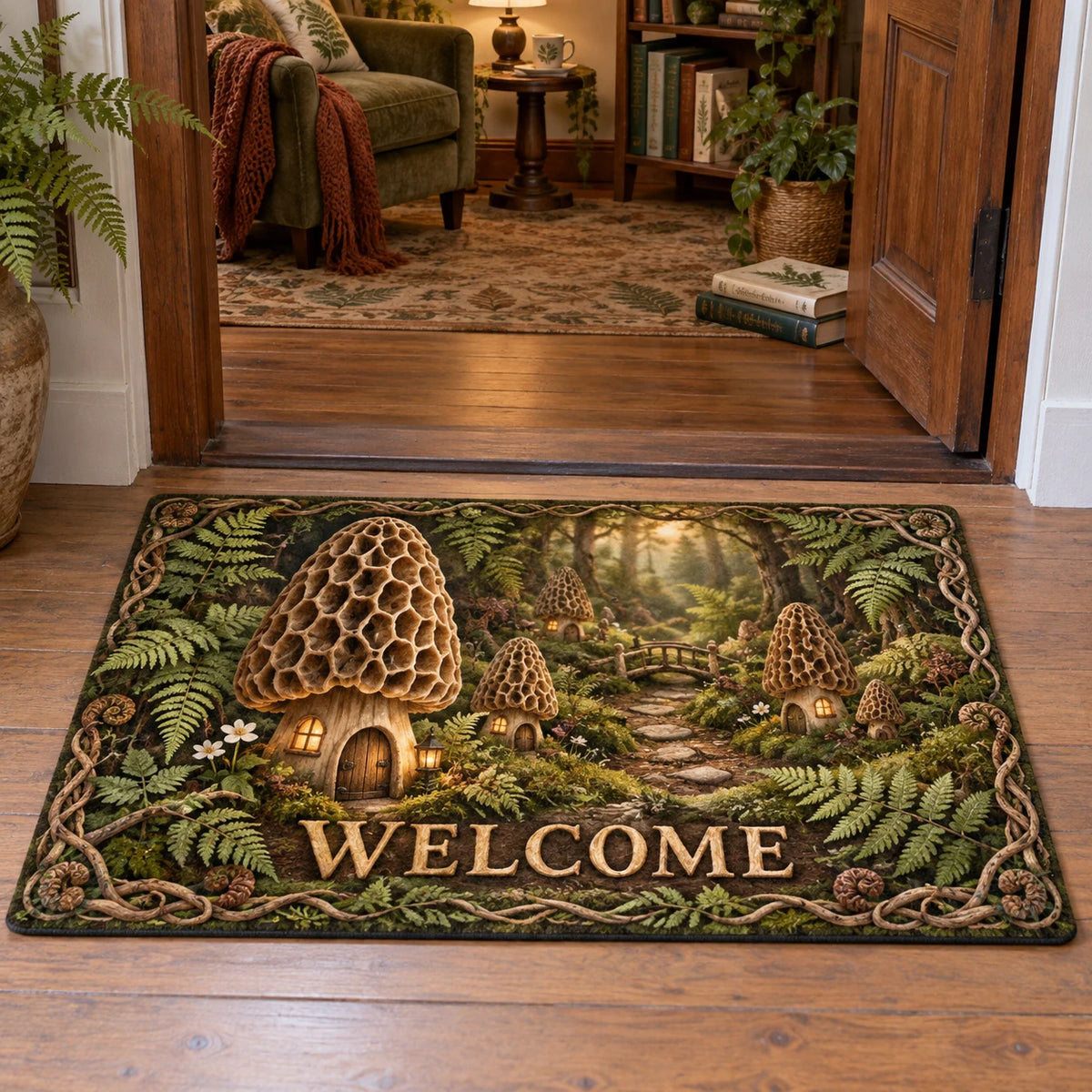 Complete doormat with correct WELCOME, honeycomb morel homes and fern-root border.