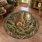 Complete circular rug with intertwined roots, ferns and mushroom ring around honeycomb-capped morel village homes.