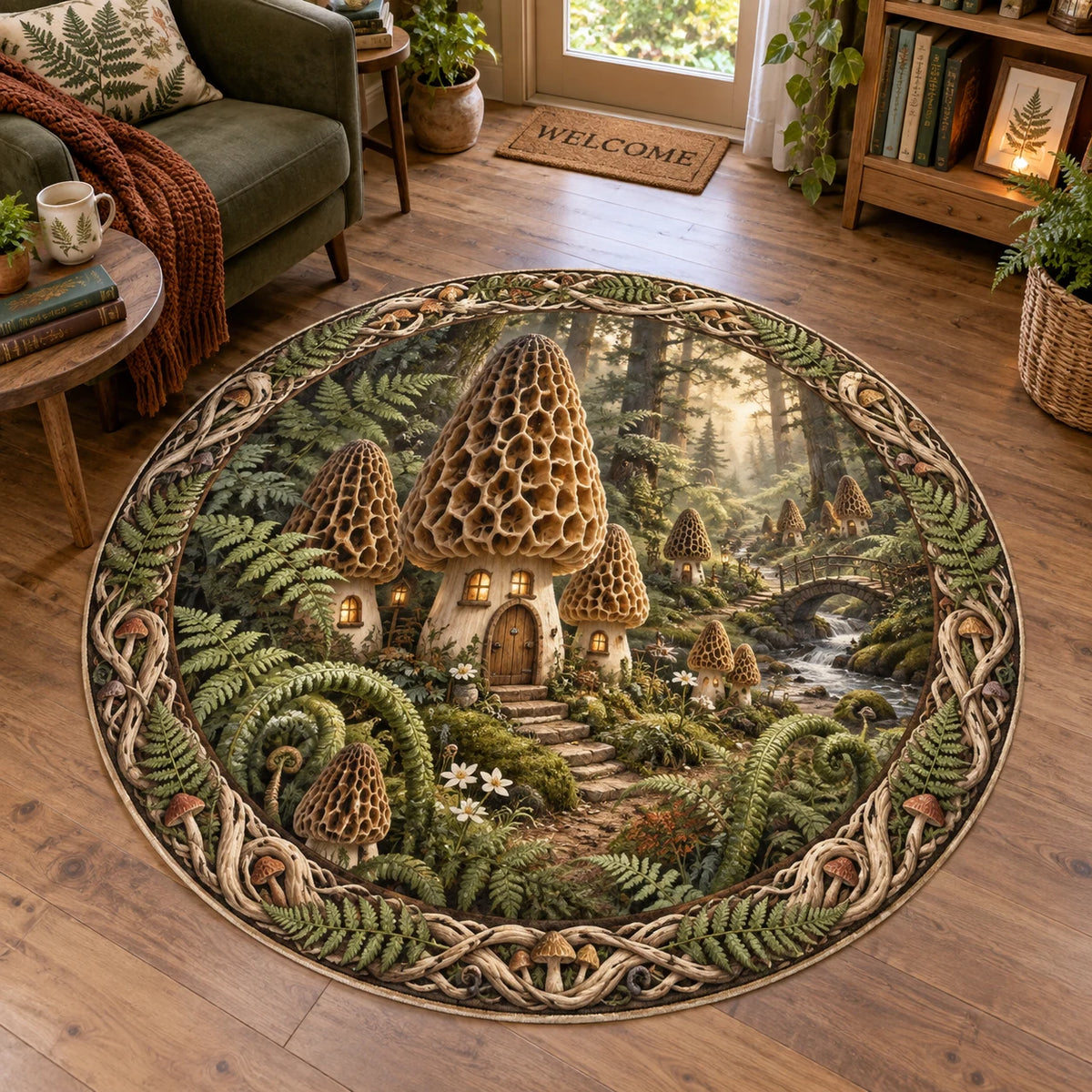 Complete circular rug with intertwined roots, ferns and mushroom ring around honeycomb-capped morel village homes.