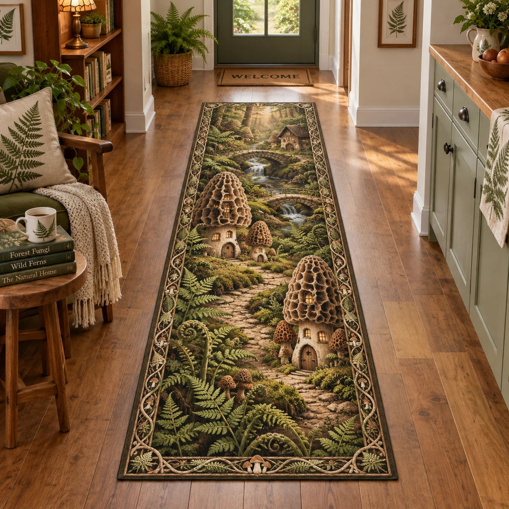 Complete runner with fern-and-vine border, morel homes and winding stone path through a woodland village.