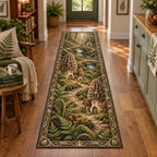 Complete runner with fern-and-vine border, morel homes and winding stone path through a woodland village.