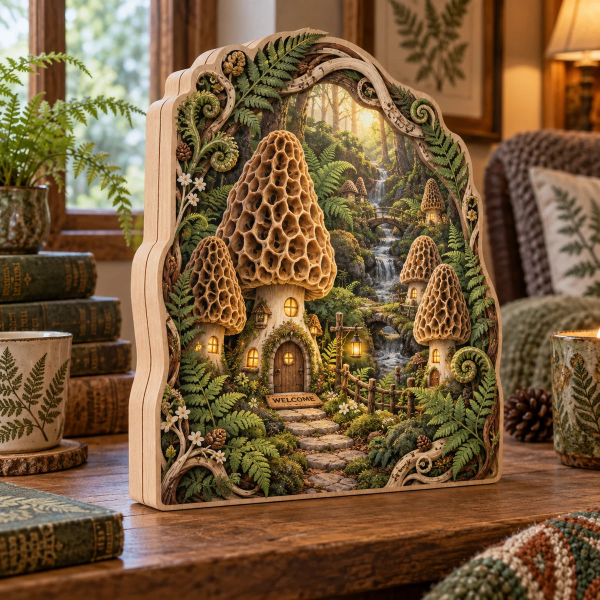 Complete three-panel tabletop block with two side joins and continuous morel village print framed by ferns and roots.