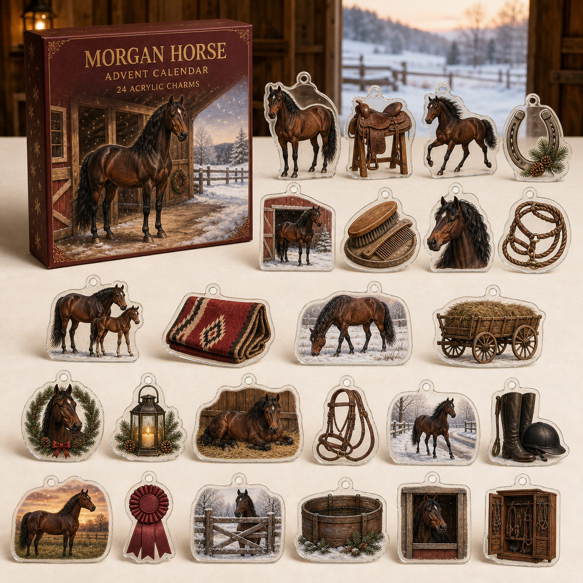 Morgan Horse advent calendar box and 24 illustrated acrylic charms displayed on an ivory tabletop in a winter setting