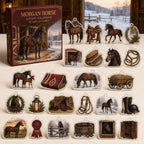 Morgan Horse advent calendar box and 24 illustrated acrylic charms displayed on an ivory tabletop in a winter setting