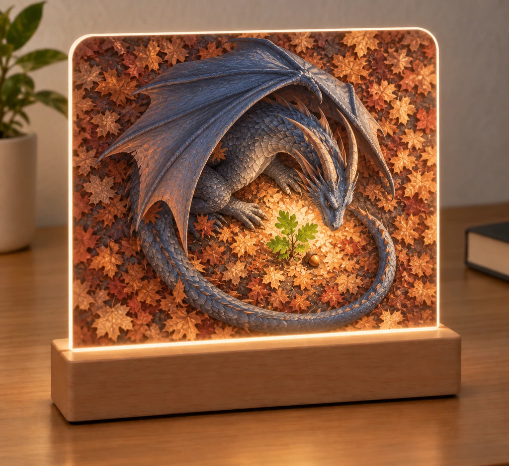 Mountain Dragon Oak Guardian Acrylic Night Light with overhead dragon and oak sapling printed artwork
