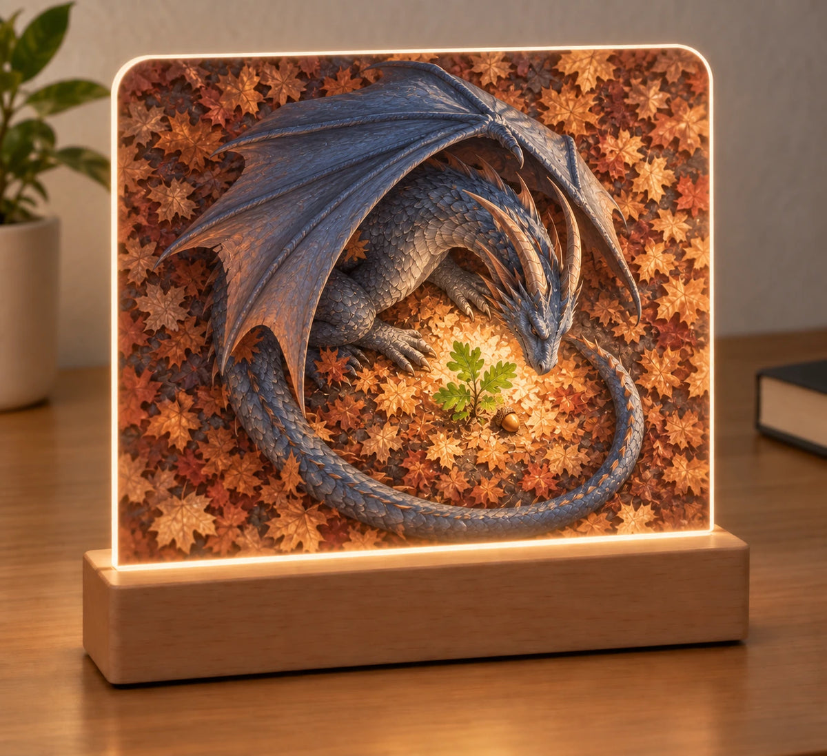 Mountain Dragon Oak Guardian Acrylic Night Light with overhead dragon and oak sapling printed artwork
