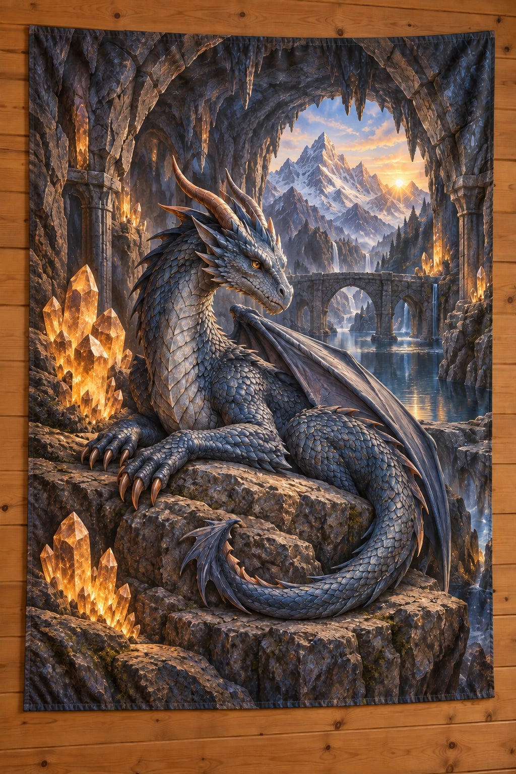 Mountain Dragon Crystal Cavern Wall Tapestry with flat printed mountain dragon and crystal cavern depth