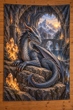 Mountain Dragon Crystal Cavern Wall Tapestry with flat printed mountain dragon and crystal cavern depth
