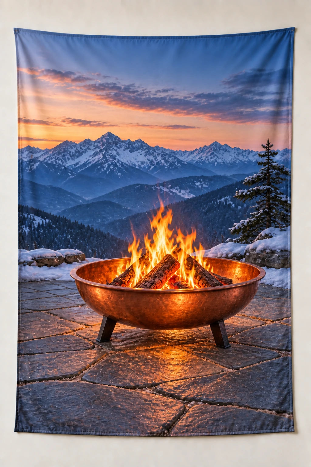 Mountain Firepit Copper Glow Wall Tapestry with printed copper bowl and ember-lit stone depth