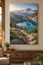 Mountain Lake Forest Path printed stretched canvas in a mountain lodge room; foreground rocks, turquoise lake and distant peaks create optical depth.