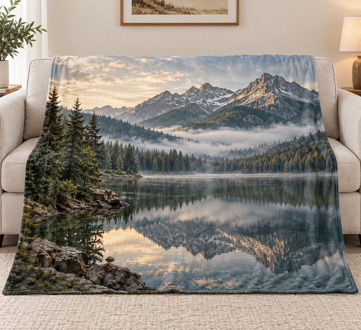 Mountain Lake Morning Mist Fleece Blanket with printed dimensional artwork