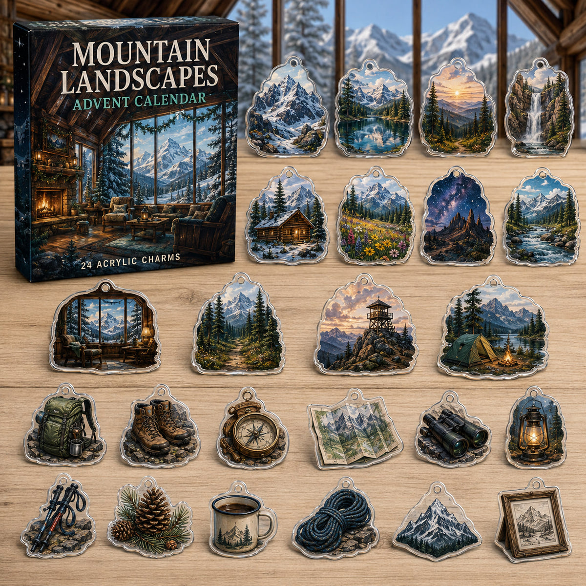 Mountain Landscapes advent calendar box with 24 printed scenic and outdoor acrylic charms