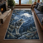 Mountain Wolf Moonrise area rug with a dimensional printed design in a wolf woodland setting