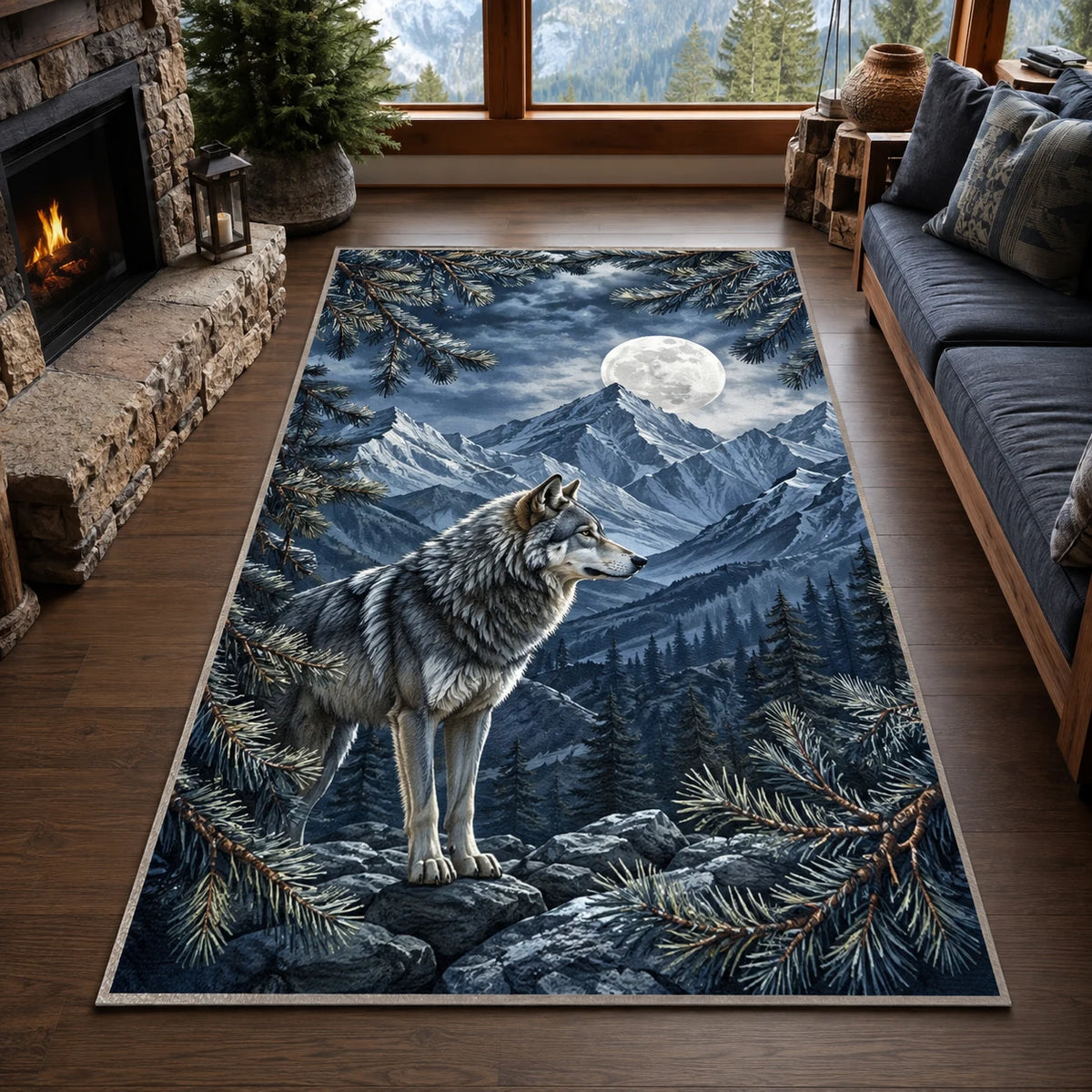 Mountain Wolf Moonrise area rug with a dimensional printed design in a wolf woodland setting