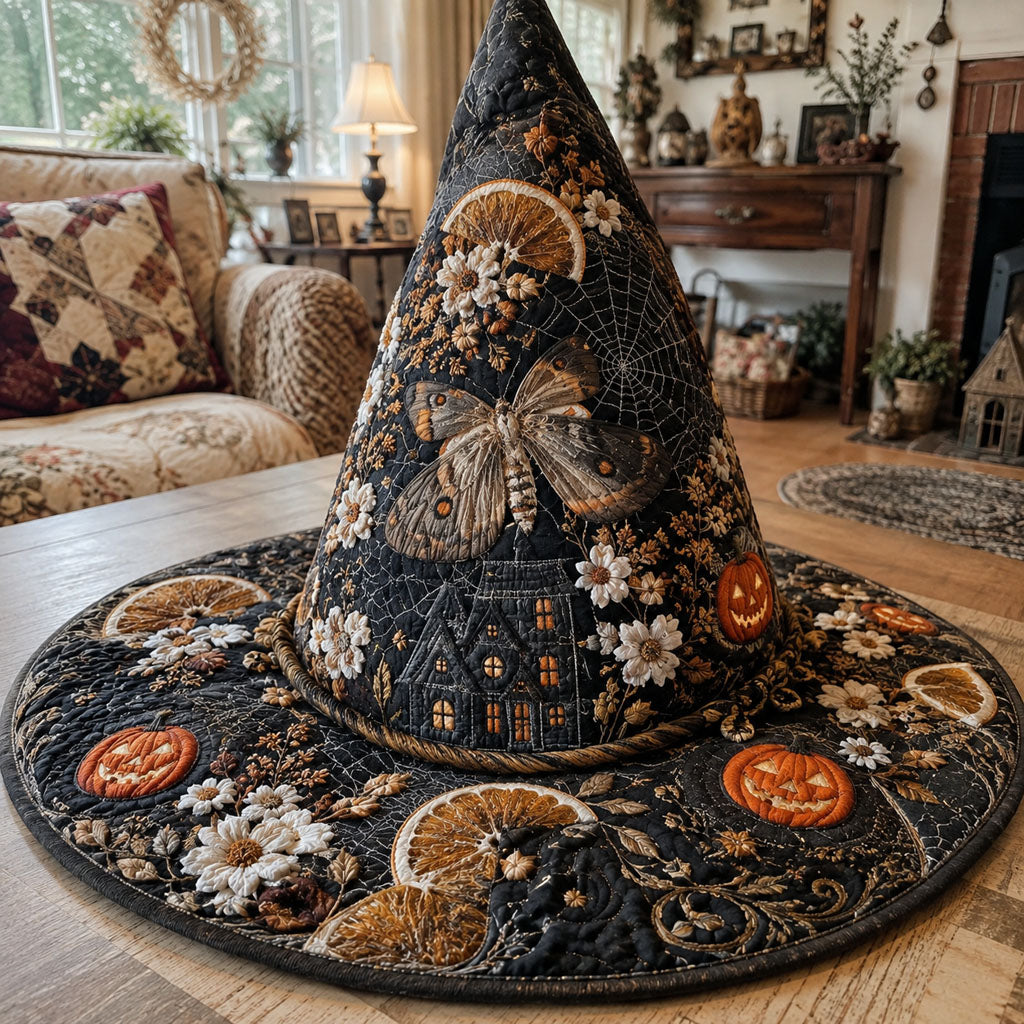 Mourning Butterfly quilted witch hat, all-over print on cone and brim