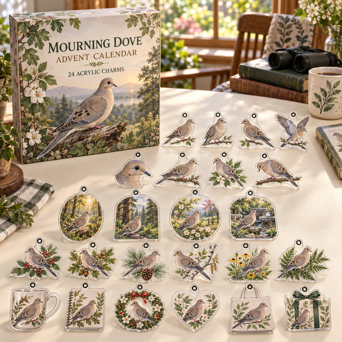 Mourning Dove advent calendar box with 24 themed flat printed acrylic charms