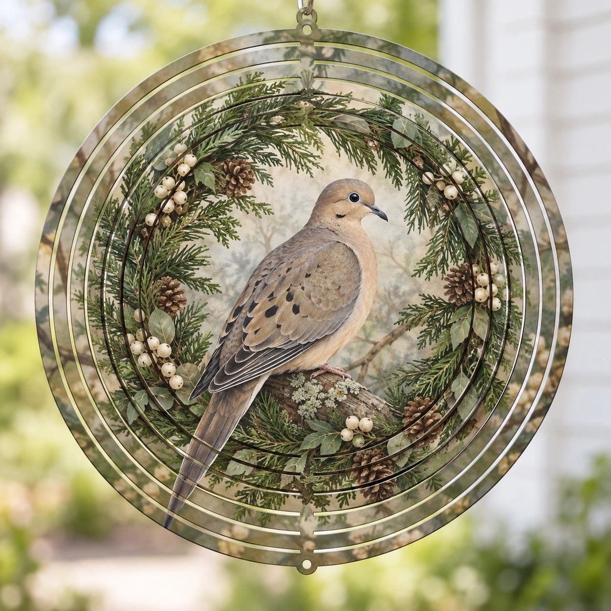 Mourning Dove Holiday Wreath Wind Spinner with printed dimensional artwork