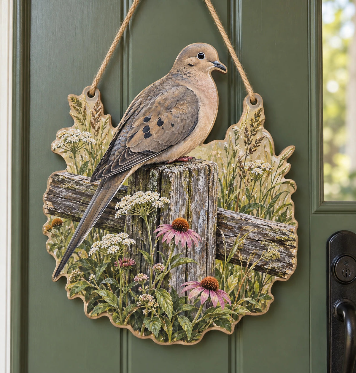 Mourning Dove Wildflower Fence Custom Shape Door Hanger with printed dimensional artwork