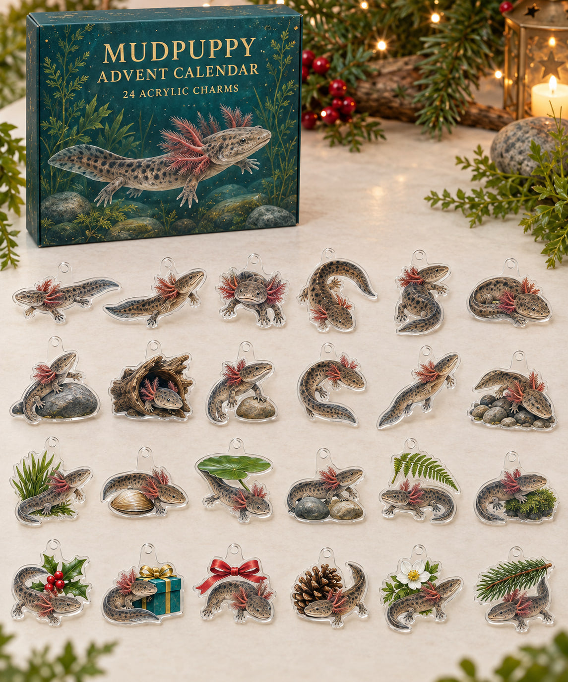 Mudpuppy advent calendar with 24 custom-shaped flat acrylic charms and printed dimensional artwork