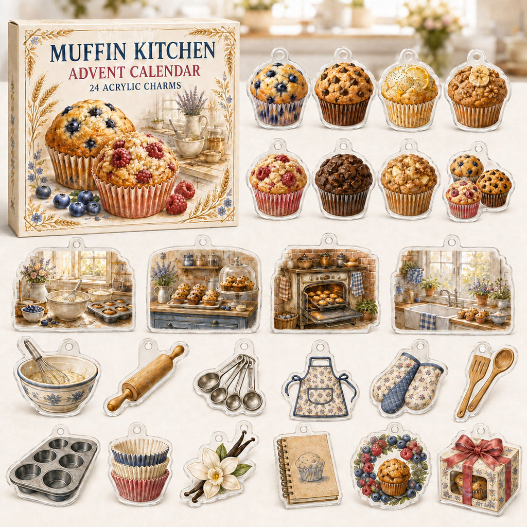 Muffin Baking advent calendar box and 24 printed acrylic bakery charms