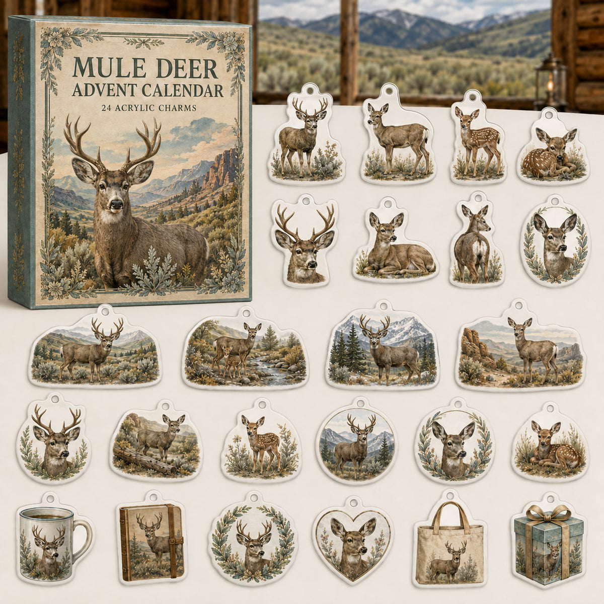Mule Deer advent calendar box with 24 themed flat printed acrylic charms