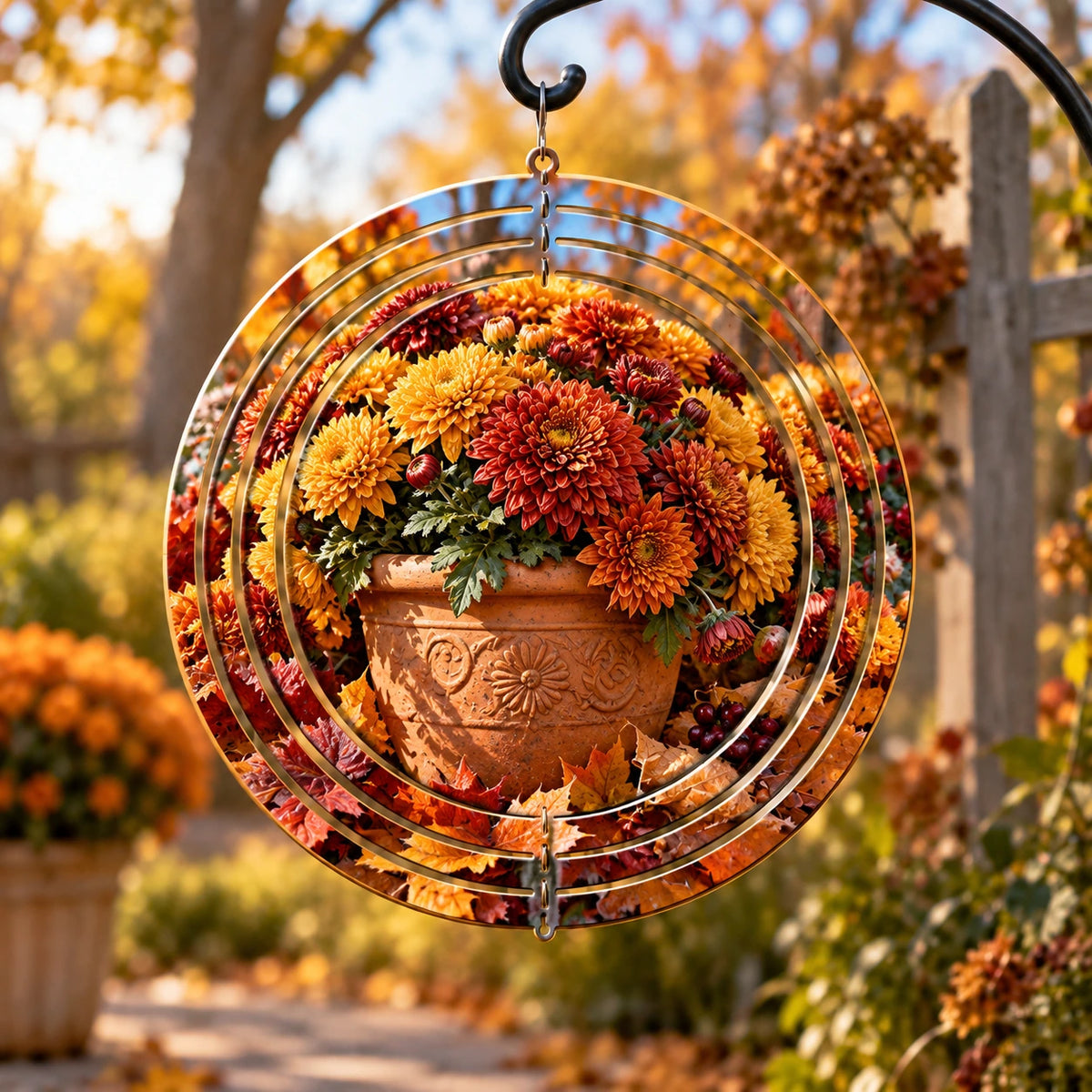 Mum Planter Copper Garden Wind Spinner with printed dimensional autumn artwork