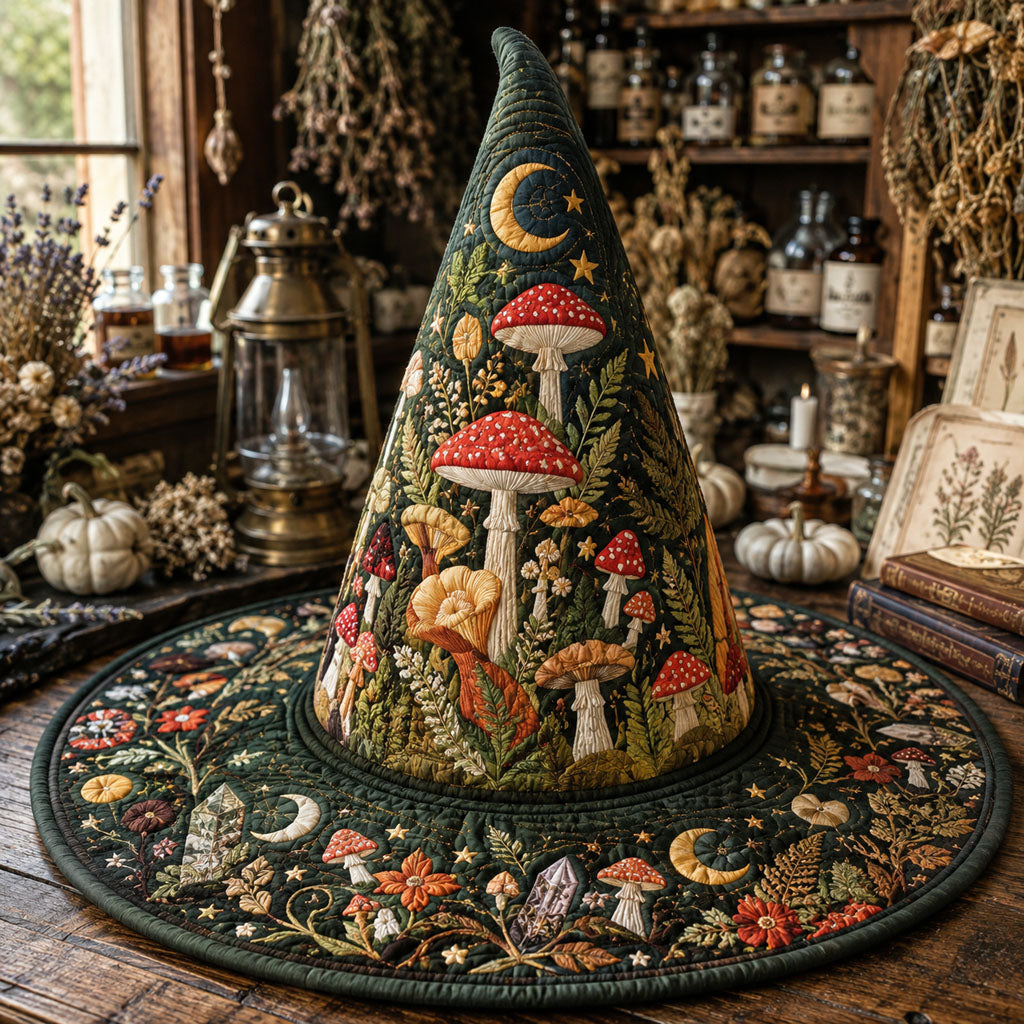 Mushroom Magic quilted witch hat, all-over print on cone and brim