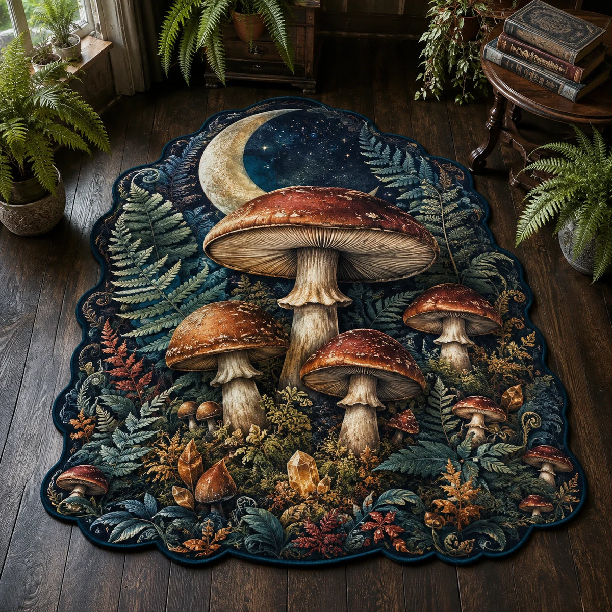 Mushroom Moon Garden Silhouette custom shape area rug with a dimensional printed design in a mushroom whimsy setting