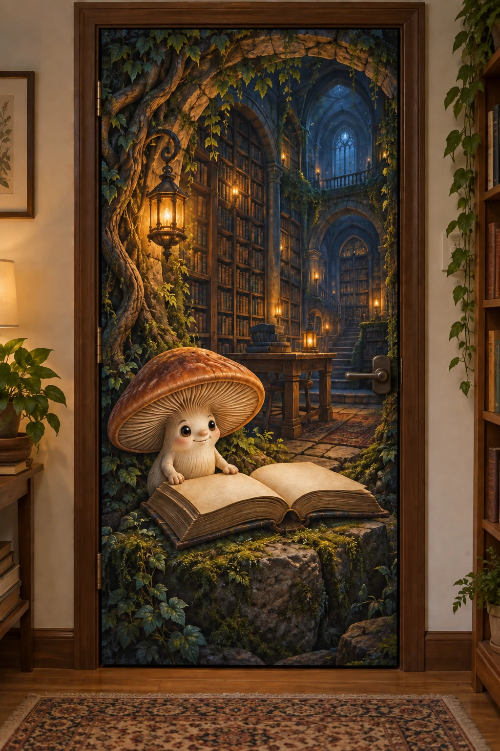 Mushroom Sprite Library Fabric Door Cover with flat printed mushroom sprite and ancient library depth