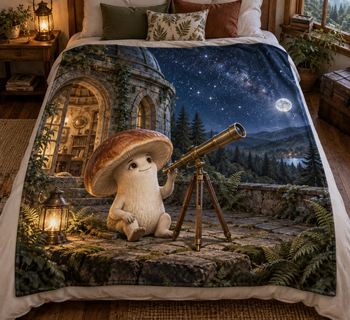 Mushroom astronomer beside telescope in a starry woodland, flat printed fleece throw blanket.