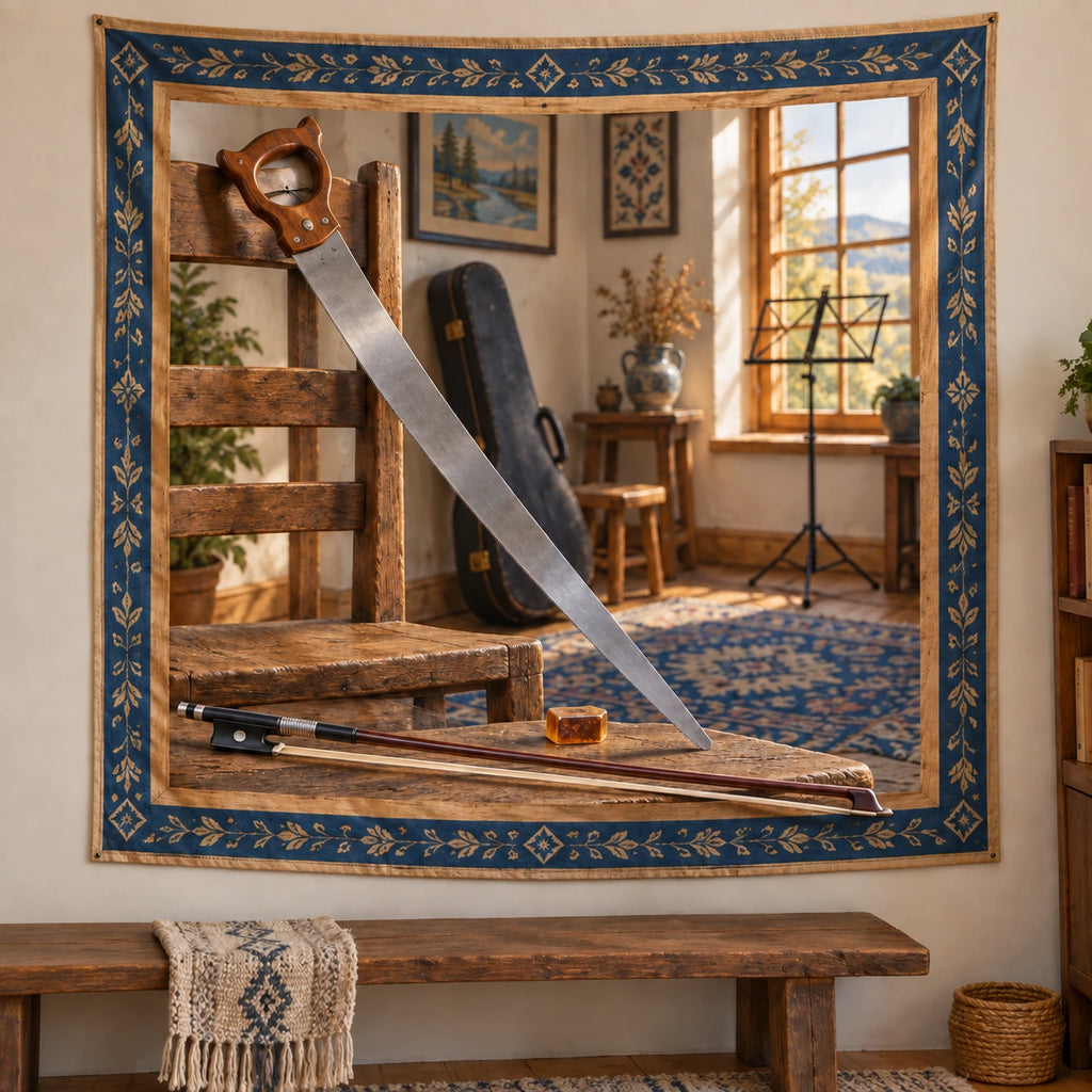 Musical Saw Folk Studio Wall Tapestry with original printed optical 3D artwork