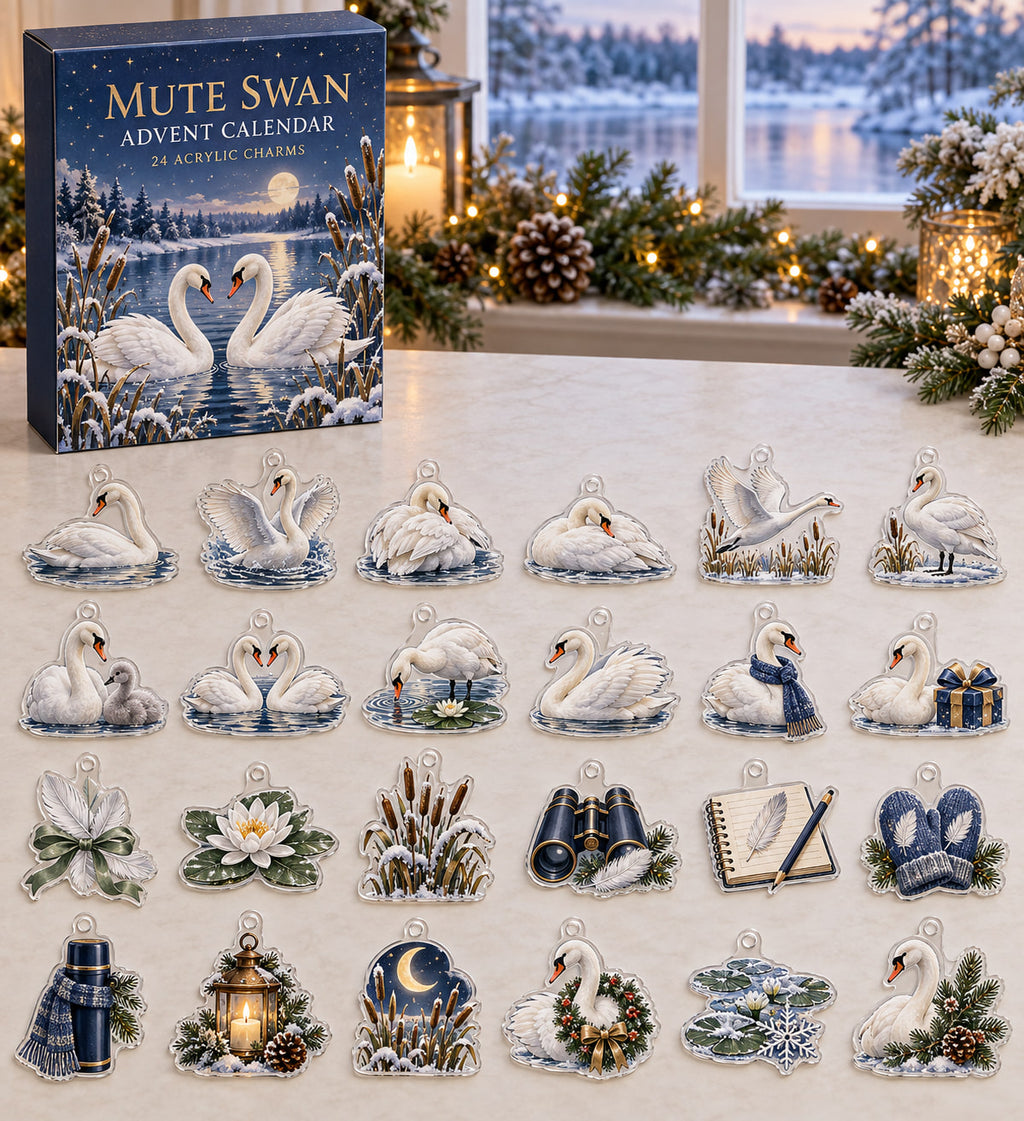 Mute Swan advent calendar with 24 custom-shaped flat acrylic charms and printed dimensional artwork