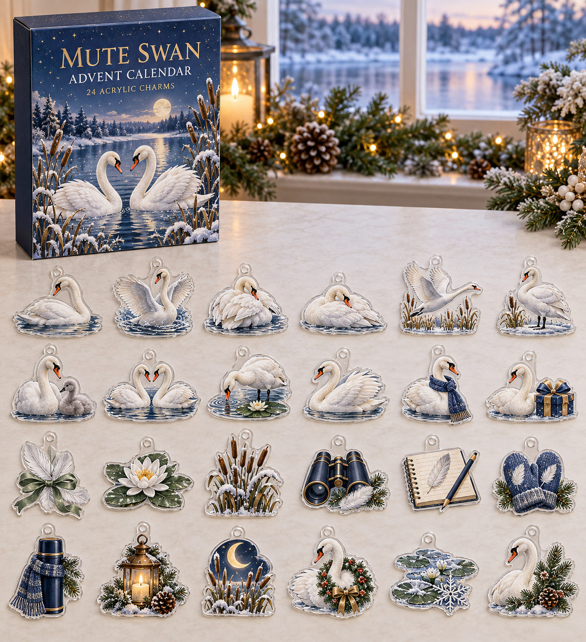 Mute Swan advent calendar with 24 custom-shaped flat acrylic charms and printed dimensional artwork
