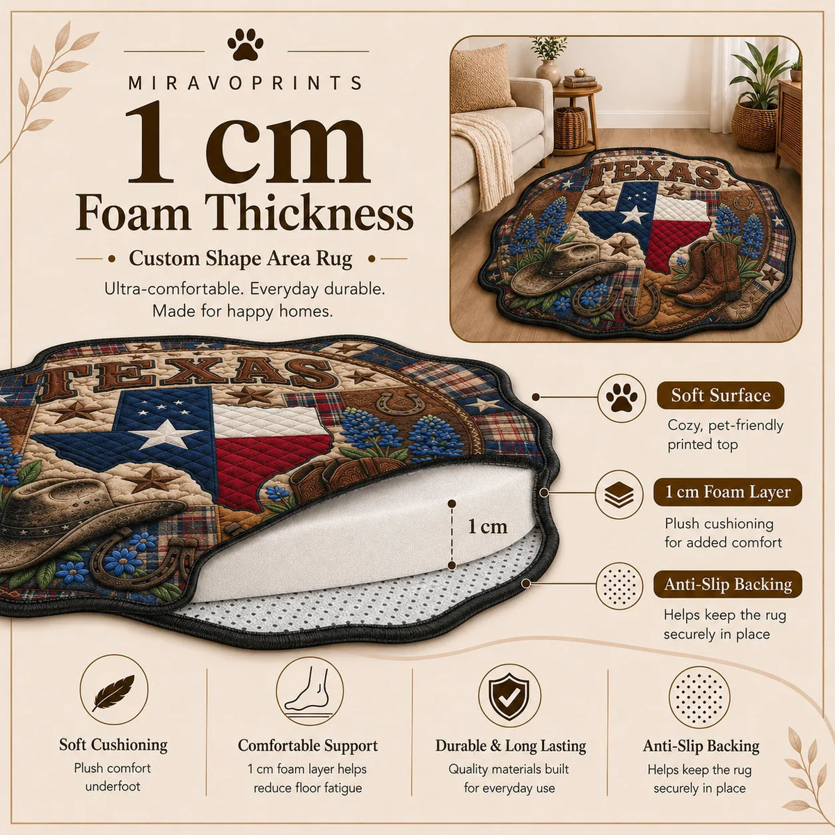 MiravoPrints custom shape area rug - size guide with measurements