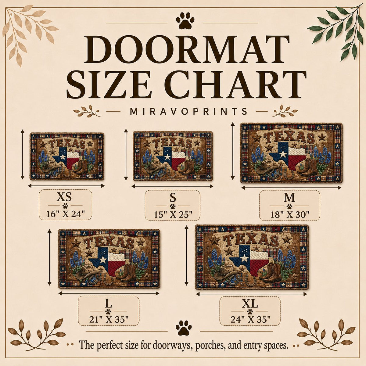 MiravoPrints doormat - size guide with measurements