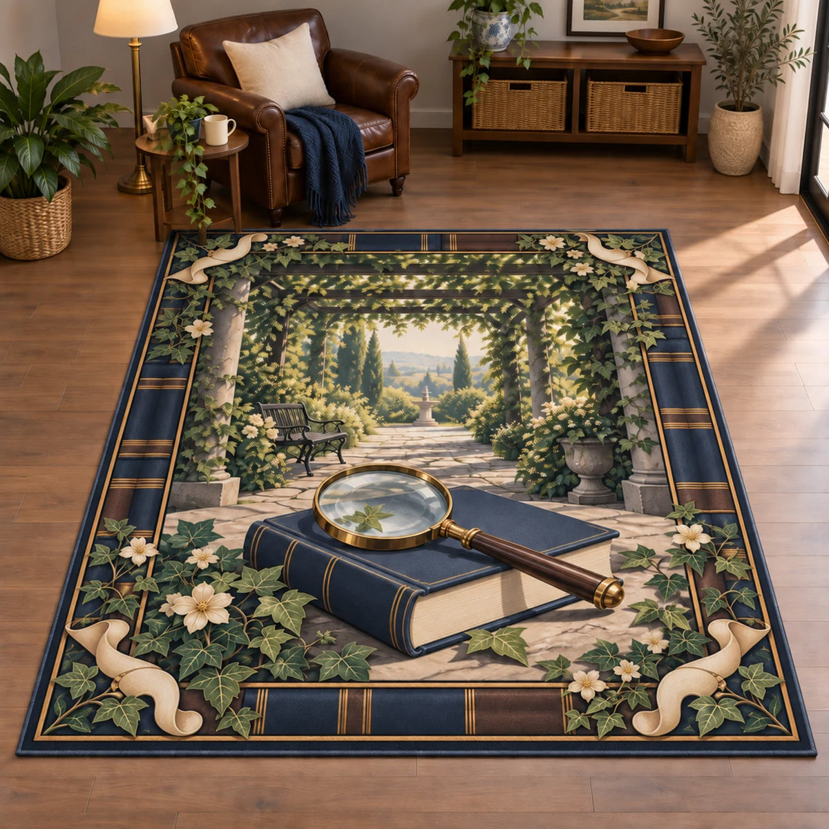 Area Rug with printed magnifying glass, closed navy book and leafy garden pergola in a reading-room setting