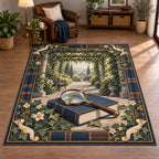 Area Rug with printed magnifying glass, closed navy book and leafy garden pergola in a reading-room setting
