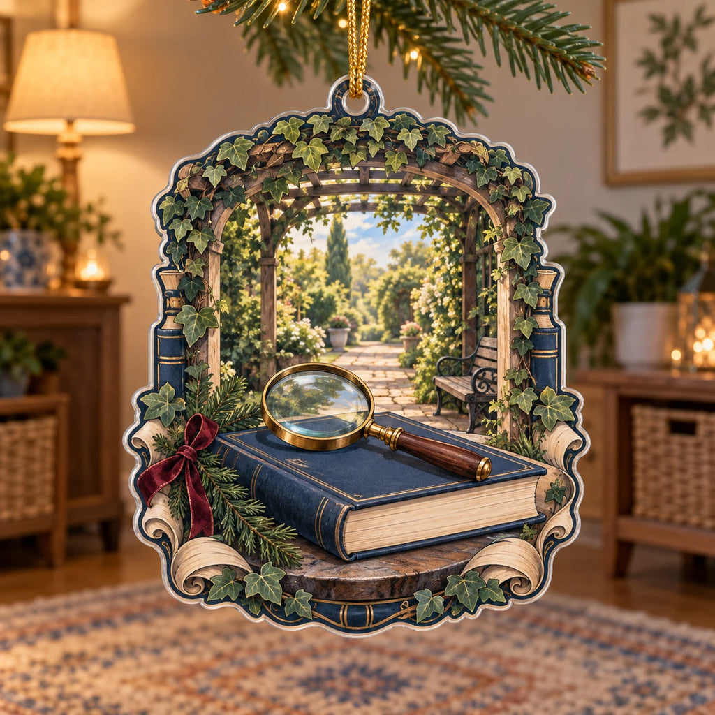 Christmas Ornament with printed magnifying glass, closed navy book and leafy garden pergola in a reading-room setting