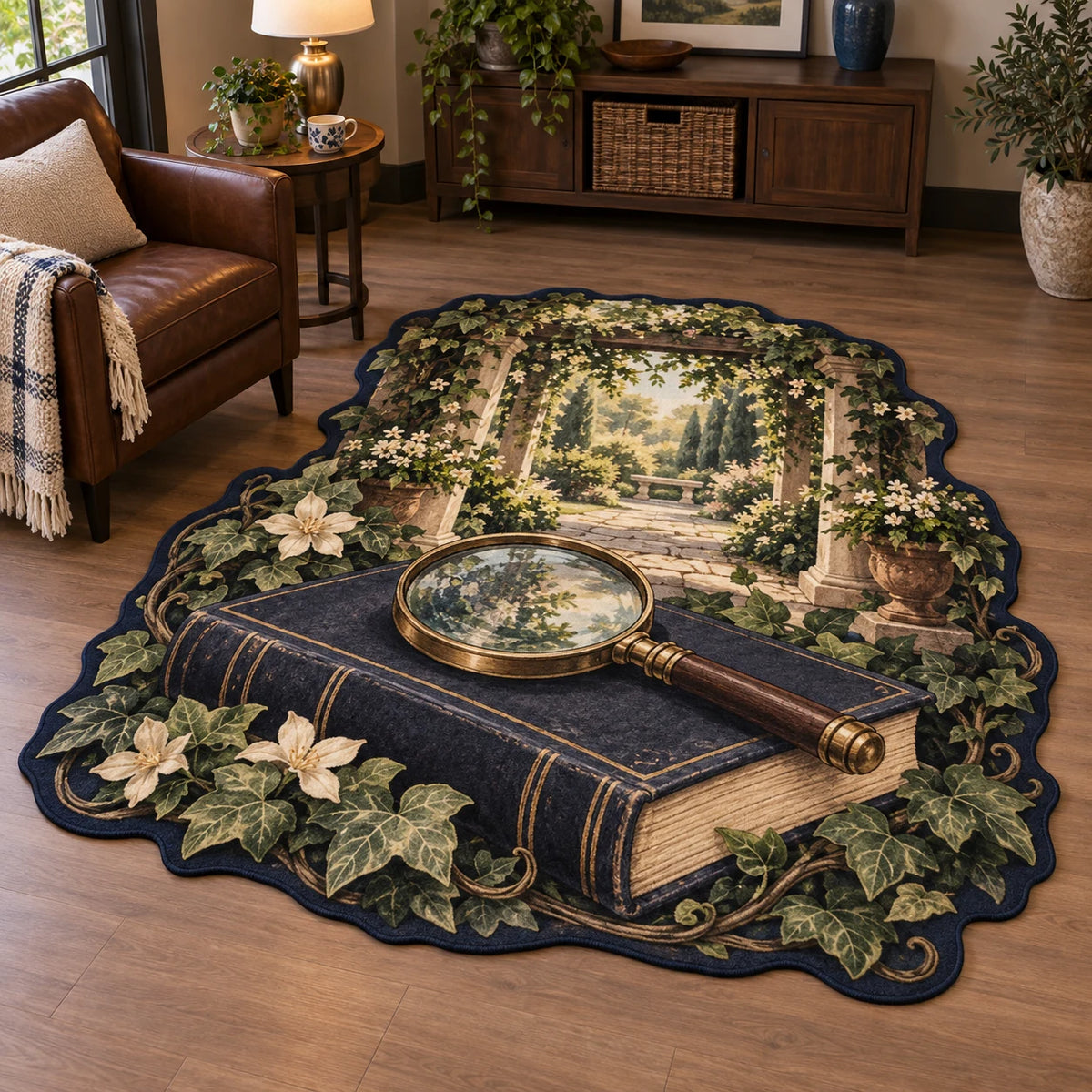 Custom Shape Area Rug with printed magnifying glass, closed navy book and leafy garden pergola in a reading-room setting