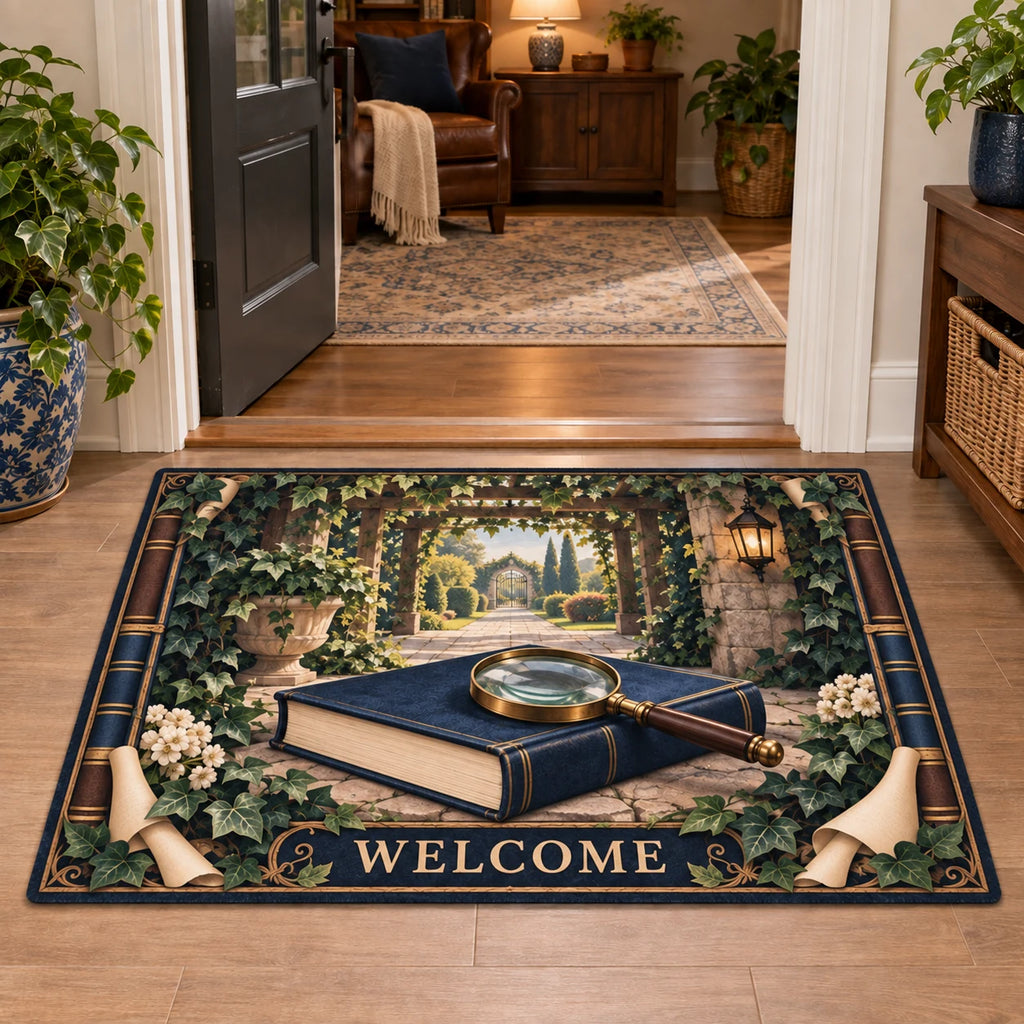 Doormat with printed magnifying glass, closed navy book and leafy garden pergola in a reading-room setting