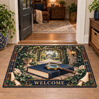 Doormat with printed magnifying glass, closed navy book and leafy garden pergola in a reading-room setting