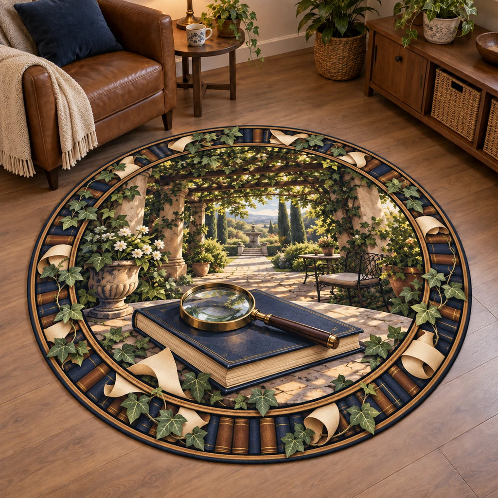 Round Mat Rug with printed magnifying glass, closed navy book and leafy garden pergola in a reading-room setting